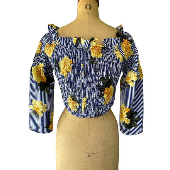 Speed Limit Women's Smocked Floral Striped Cropped Blouse Bell Sleeve L - Picture 2 of 8